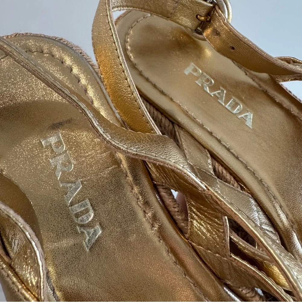 Prada Strappy Gold Leather Platform Espadrilles‎ Size 37.5